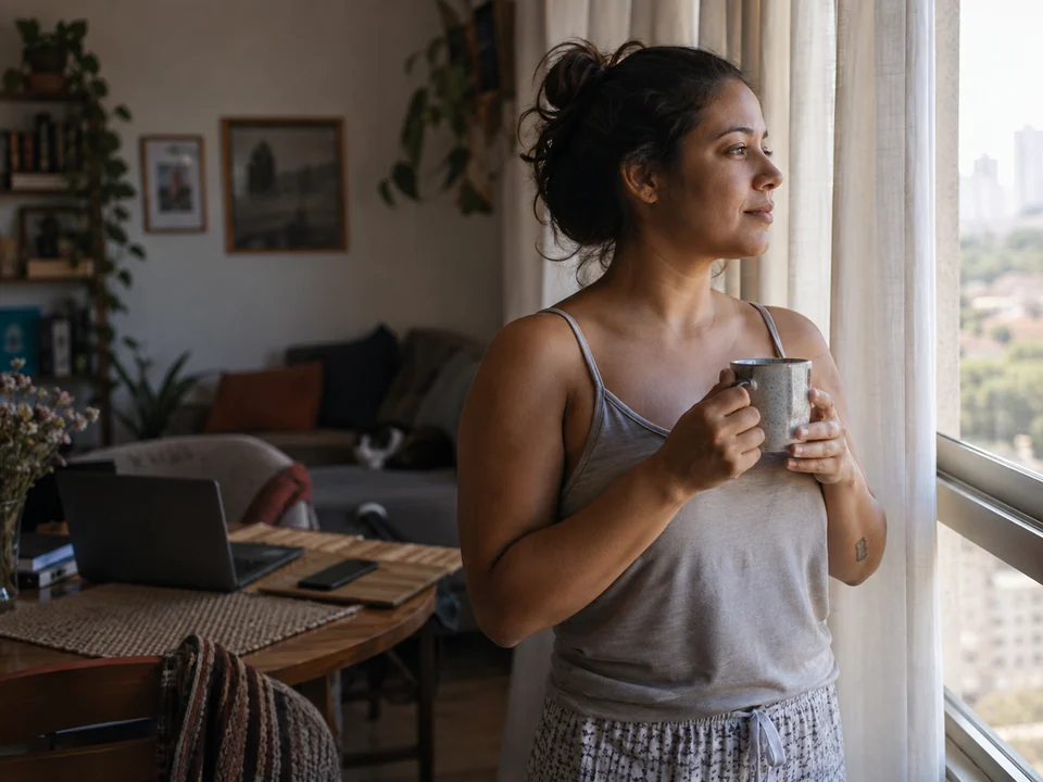 Mulher em pé diante da janela com uma xícara de café nas mãos, o notebook esquecido na mesa atrás dela