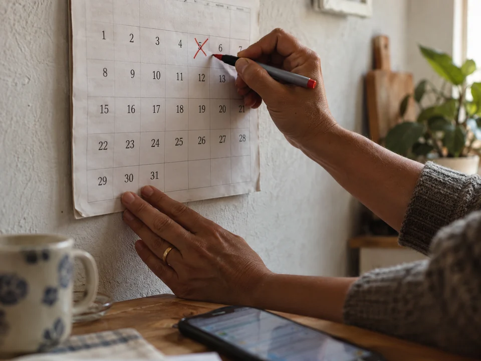 Mãos marcando com caneta vermelha o dia 5 num calendário de parede de papel