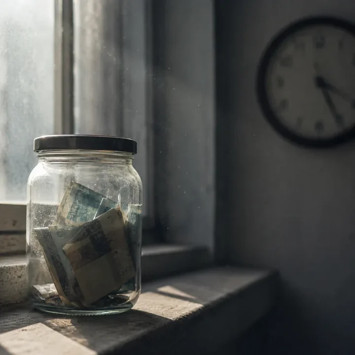 Pote de vidro fechado com notas de real no parapeito de uma janela, com poeira suspensa na luz