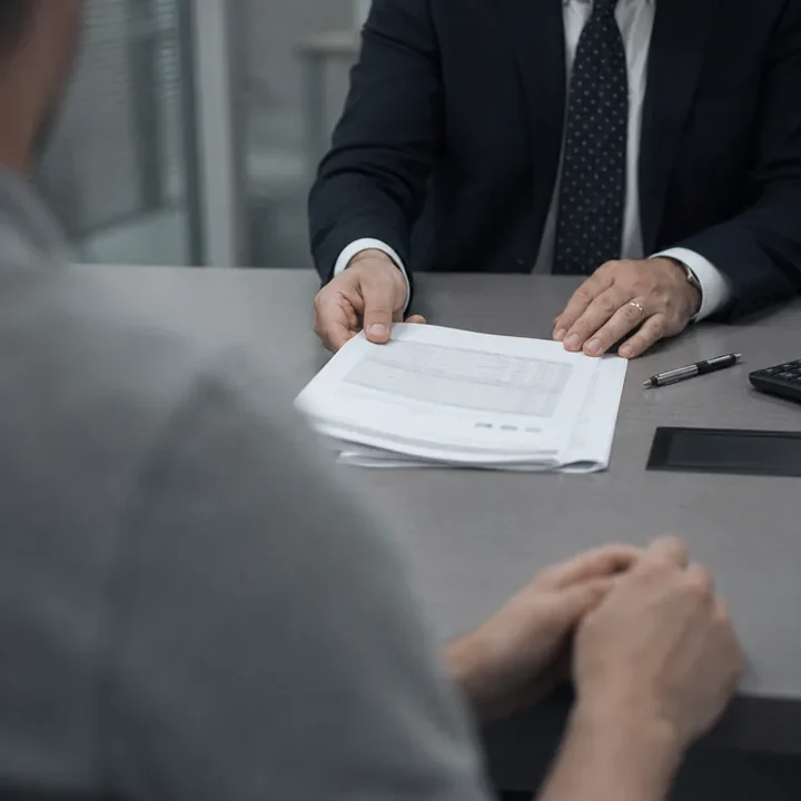 Cliente de costas diante de um homem de terno que empurra papéis sobre a mesa de uma agência bancária
