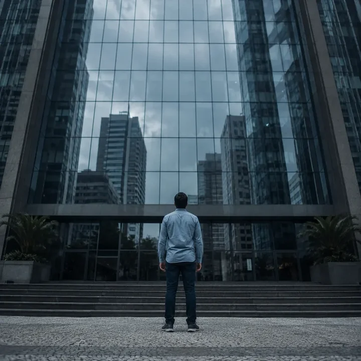 Pessoa de roupa simples parada na calçada diante da fachada de vidro de um edifício corporativo